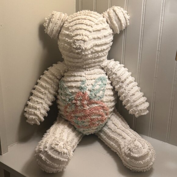 Vintage Chenille Teddy Bear Handmade Plush with Embroidered Floral Design Plush - Picture 5 of 9